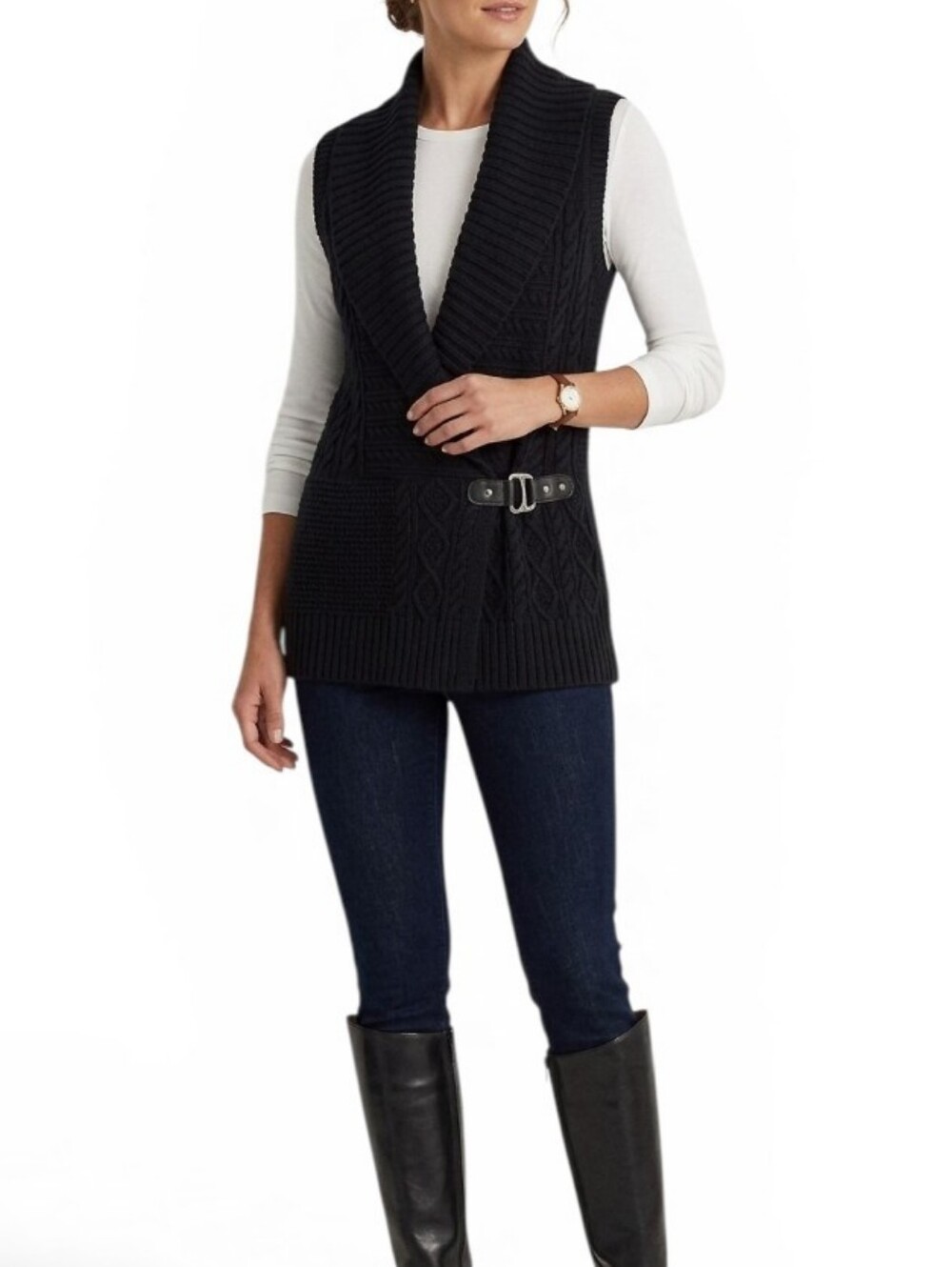 Lauren Ralph Lauren Black Chunky Cable Knit Equestrian Vest Bridle Detail